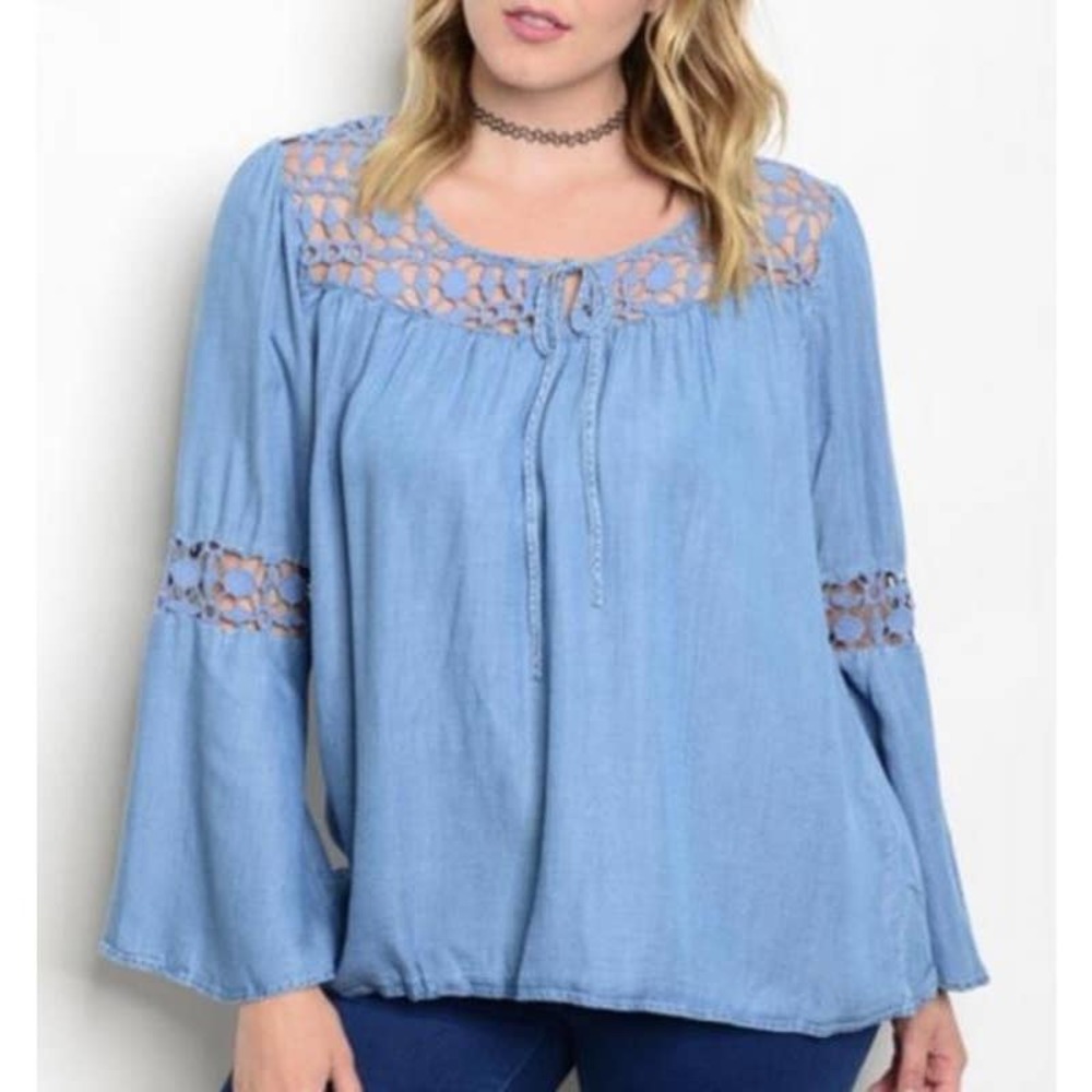 NWT! Free 2 Luv Chambray Tencel Crochet Lace Bell Sleeve Blouse Plus Size 2X